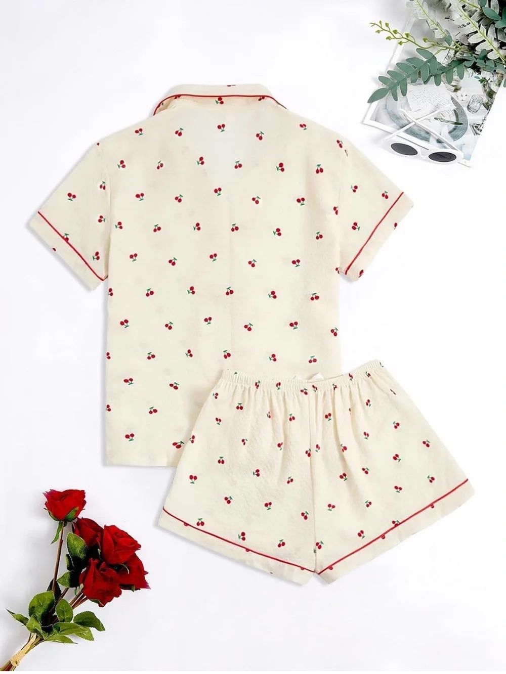 Amazon Cream Cherry-Print Short Pajama Set with Red Piping